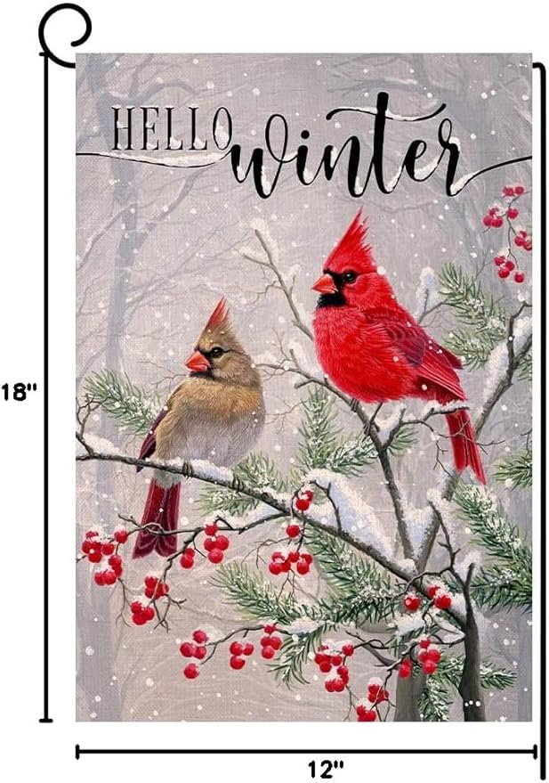 BLKWHT Winter Cardinal Bird Garden Flag 12x18 Vertical Double Sided Farmhouse Trees Snow Christmas Holiday Outside Decorations Burlap Yard Flag BW233