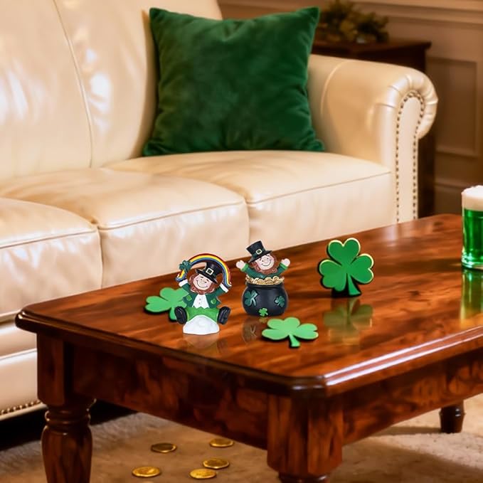 MEETYAMOR St Patricks Day Decorations, 2 PCS Irish Leprechaun Figurine for St Patricks Day Decor, Shamrock Rainbow Pot of Gold Figurines Standing for Home Table Mantel, St Patrick's Day Decorations