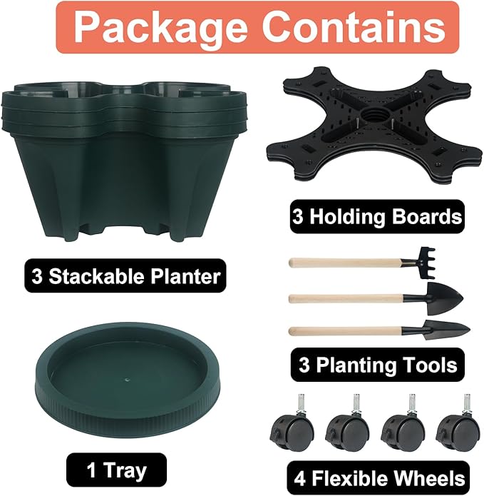 GameXcel Vertical Planter 3 Tier Stackable Planters Garden Planters Strawberry Herb Flower and Vegetable Planter Indoor Outdoor Gardening Pots with Removable Wheels and Tools 2-Pack