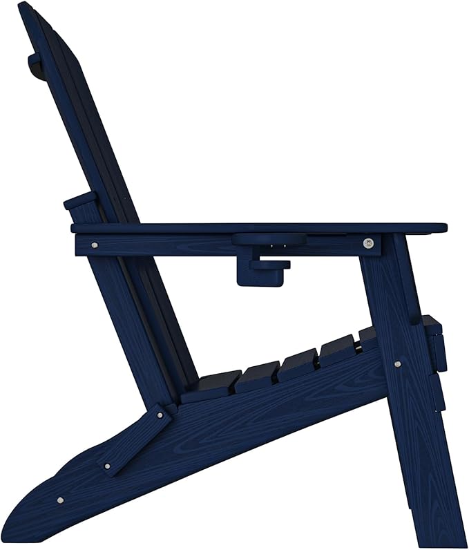 Plawdlik Folding Adirondack Chair Set of 6 with Cup Holder,Wooden Textured ,Heavy All-Weather HDPE Comfortable Set Poolside Backyard Lawn, Navy