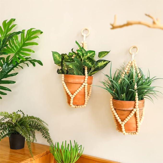 Artilady 2 Pack Beaded Plant Hanger Indoor - Macrame Hanging Planters for Plants Holder No Tassels with Wooden Beads Boho Farmhouse Rustic Home Decor (Wood Color Bead)