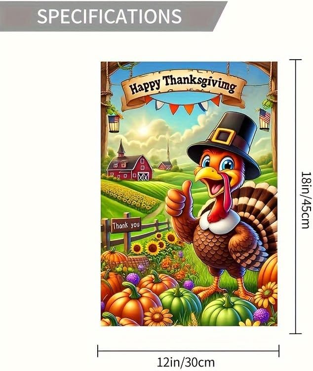 Thanksgiving Turkey Garden Flag Double Sided 12x18 Inch Happy Fall Pumpkin Farm Yard Flag Cartoon Turkey Banner Autumn Harvest Outdoor Lawn Porch Farmhouse Decoration Seasonal Holiday Home Decor