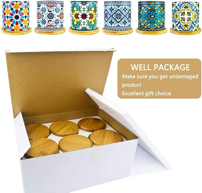 Ascrafter 6 Pack Mandala Succulent Plant Pot with Bamboo Trays, Ceramic Multicolored Succulent Container Planter Pot for Small Plant