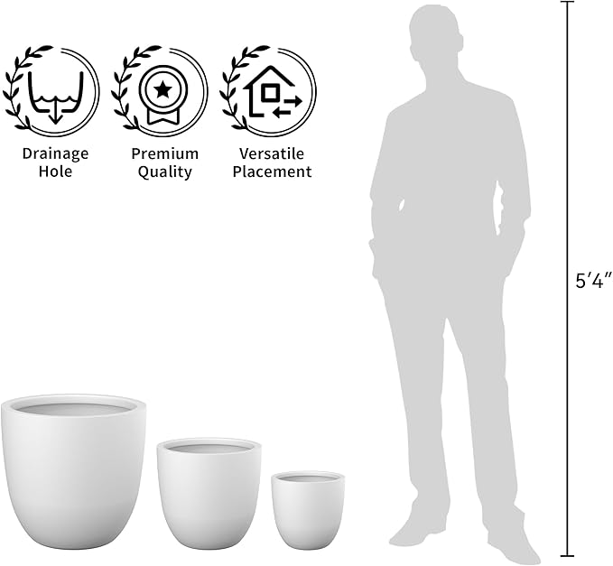 Kante Round Concrete Planter Set of 3, Large Outdoor Indoor Plant Pots with Drainage Hole, 10/14/18-Inch Diameter Flower Pots for Patio, Garden and Home, White