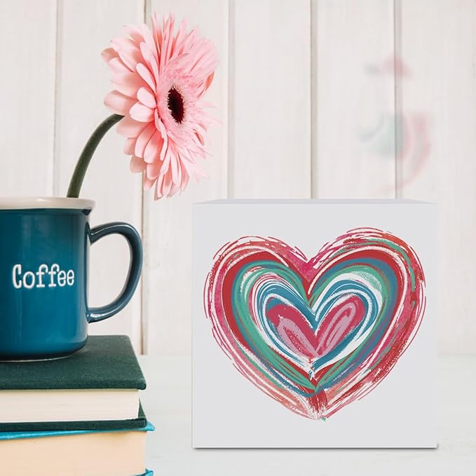 Valentines Day Decorations, Valentines Day Gifts for Her Him, Gift for Boyfriend Girlfriend, Vintage Romantic Pink Heart Brushstroke Anniversary Wooden Box Sign Husband Wife Home Office Desk Decor