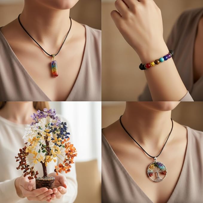ANAYA AGATE 7 Chakra Healing Crystal Tree Kit, Bracelet, Pendant, Necklaces, Handmade Gemstone Money Bonsai Tree of Life Feng Shui Decor for Home Office, Positive Energy, Reiki Healing, for Women
