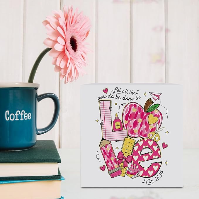 Teacher Valentine Decor Gift, Vintage Valentines Day Gifts for Teachers, Teacher Appreciation Gifts, Birthday Retirement Thank You Gift, Pink Love Pencil Wooden Box Sign for Office Desk Decor