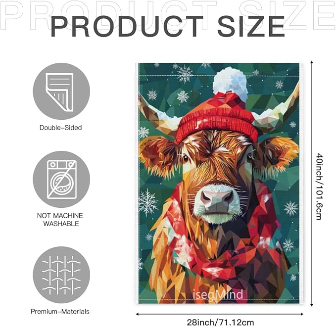 Highland Cow with Red Scarf and Hat Snowflake Christmas Garden Flag, 28x40 Inch Double Sided Linen Holiday Red Winter Farmhouse Yard Outdoor Decoration (4323)