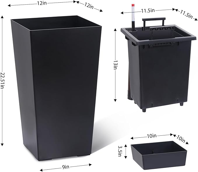 Modern Elegant Flower Pot with Smart Watering System - 23" Tall 2-Pack Large Outdoor Indoor Plant Pots - Convenient Design, Weather-Resistant Durability - Black