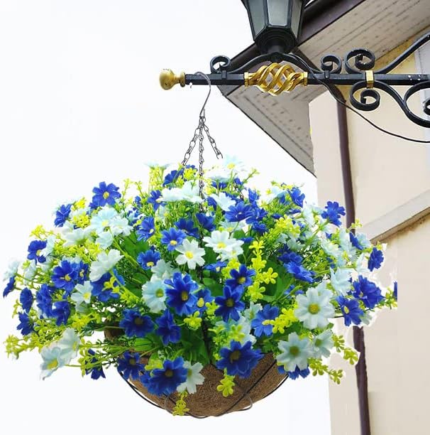 Lamsze Artificial Hanging Flowers with Basket,Fake Daisy Flowers in 12 inch Coconut Lining Hanging Baskets for The Decoration of Courtyard, Indoors, and Outdoors(White)