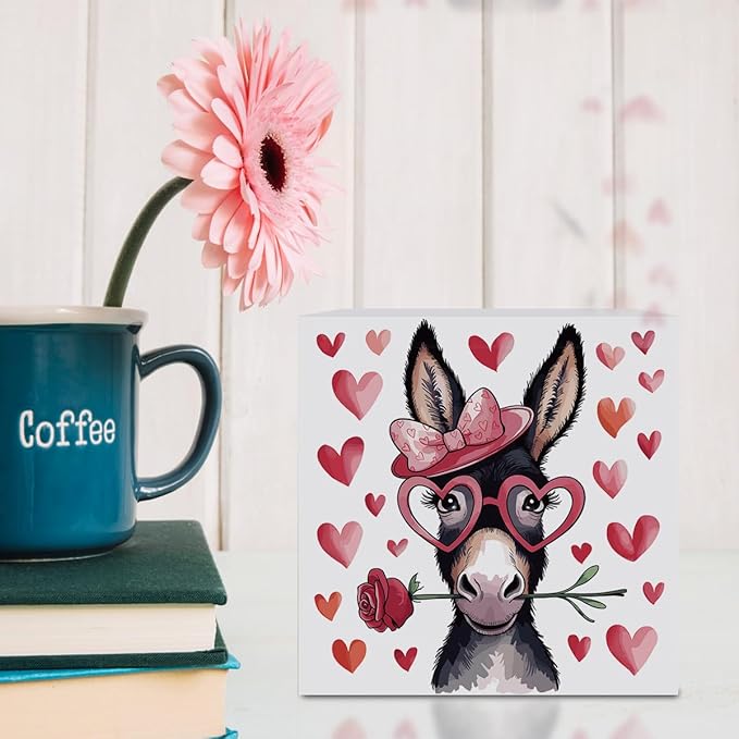 Valentines Day Decorations, Valentines Day Gifts for Her Him, Gift for Boyfriend Girlfriend, Pink Heart Rose Donkey Anniversary Wooden Box Sign Husband Wife Home Office Bedroom Desk Decor