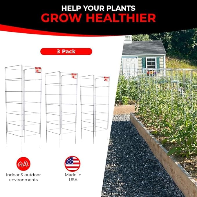 Cedar Ridge Square Foldable Tomato Cages - Heavy Duty Plant Support for Vegetable Garden, Vegetables, and Flowers - Stakes and Trellis for Climbing Plants - Made in The USA (13x40) - 3-Pack