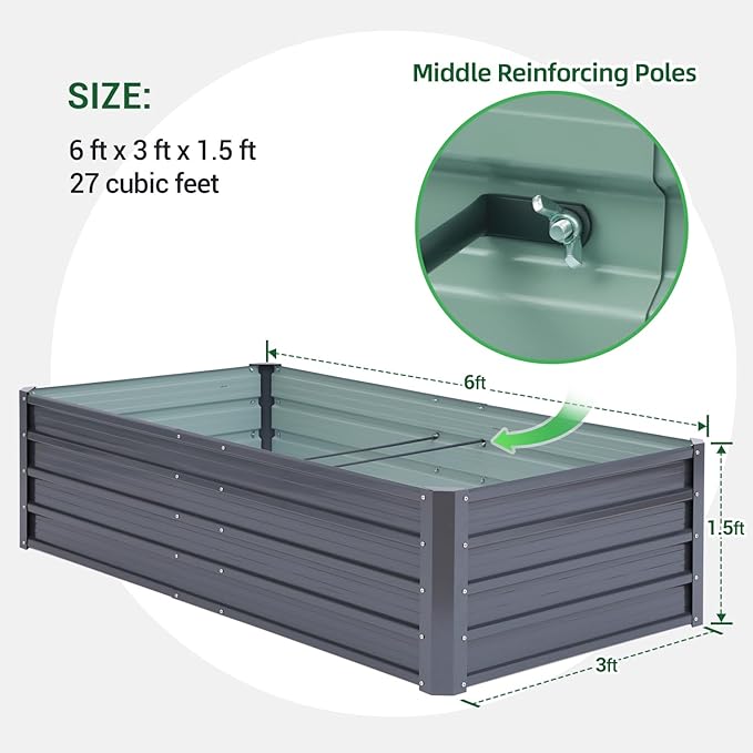 Ohuhu Metal Raised Garden Bed Outdoor 6x3x1.5 FT Reinforced Galvanized Rustproof Colored Steel Planter Boxes for Vegetables, Heavy Duty Raised Beds for Growing Flowers Herbs Succulents