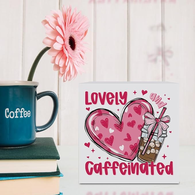 Valentines Day Decorations, Valentines Day Gifts for Her Him, Gift for Boyfriend Girlfriend, Pink Heart Bow Coffee Anniversary Wooden Box Sign Husband Wife Coffee lover Home Office Bedroom Desk Decor