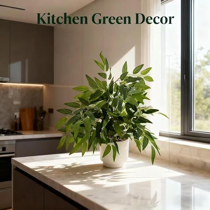 Ewtogift 17.7" Fake Willow Plant in White Textured Ceramic Planter Tall Artificial Greenery Faux Plant with Lifelike Leaves Elegant Indoor Plant Decor for Living Room, Office, or Bathroom