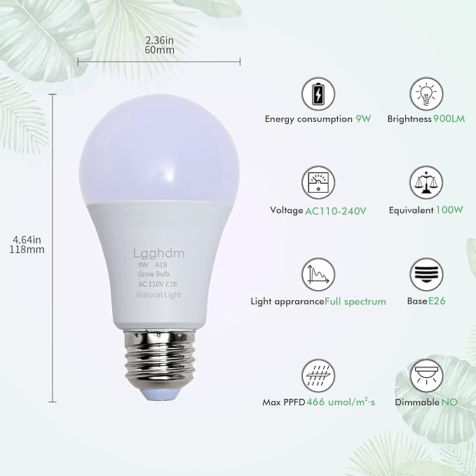 4 Pack Grow Light Bulbs-A19,LED Grow Bulb for Indoor Plants,Full Spectrum, 9 W Grow Light Bulb Replace up to 100W, Grow Light for Indoor Plants, Seedlings, Greenhouse, Hydroponic
