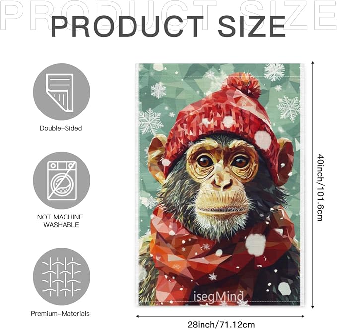 Monkey with Red Scarf and Hat Snowflake Christmas Garden Flag, 28x40 Inch Double Sided Linen Holiday Red Winter Farmhouse Yard Outdoor Decoration (4340)