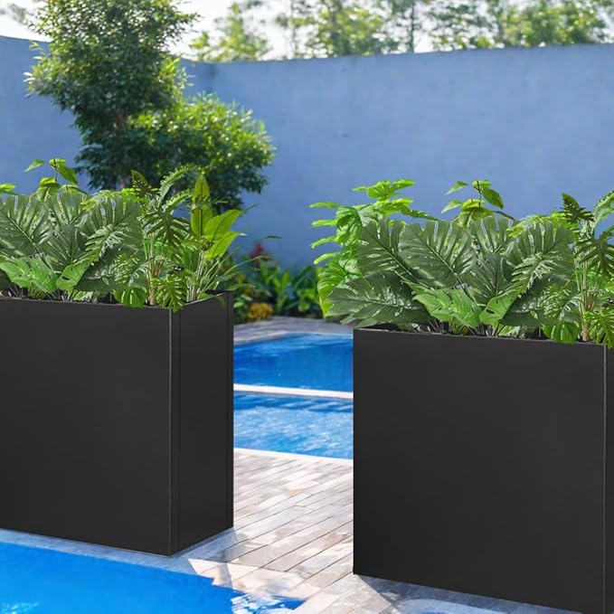 Megawodar Metal Tall Long Planter Box Large Rectangular Planter Flower Pot with Drainage Holes for Indoor Outdoor Deck Porch Garden Home Patio Front Door (Black, S)