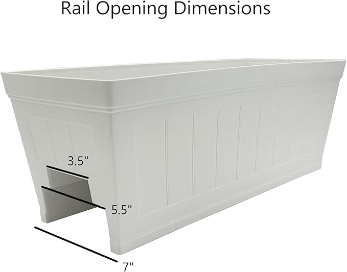 Classic Home and Garden Plastic Falmouth Deck Rail Window Box Planter with Drainage Holes, Starlight White Beadboard, 24 inches