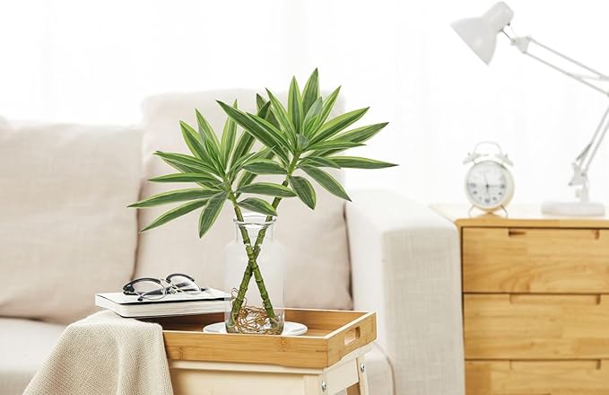 Artificial Plants Stems in Glass Vase with Faux Water,Fake Silk Plant Dracaena Leaves for Centerpiece Table Decorations Farmhouse Wedding Home Greenery Decor (Green and Yellow)