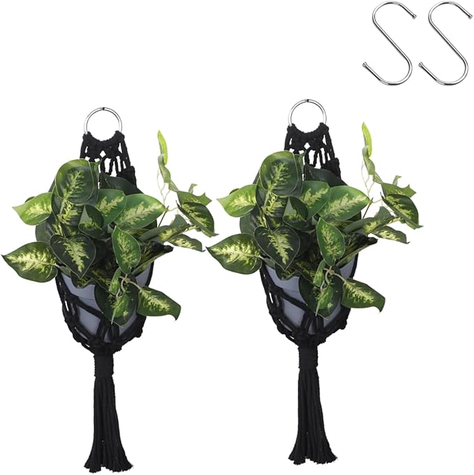 Artilady 2 Pack Black Macrame Plant Hanger Indoor - Large Hanging Planters for Wall Plants Holder Short Hademade Boho Farmhouse Rustic Home Decor (Black Plant Hanger)