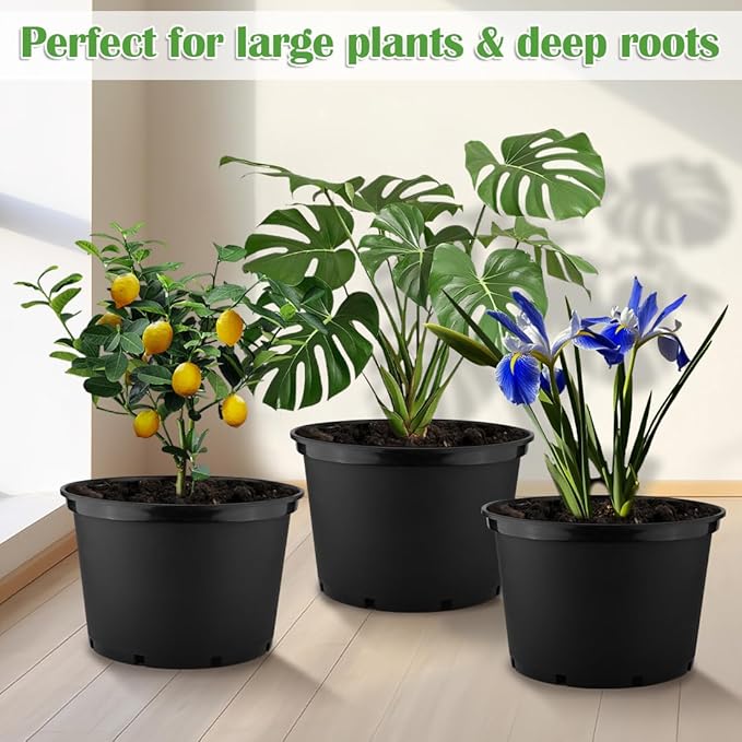 RooTrimmer 10 Gallon Plastic Nursery Pots, 16 Inch Round Plant Pots with Drainage Holes, 5 Pack Large Garden Flower Pots for Outdoor Indoor Plants, Gardening Gifts for Women, Black