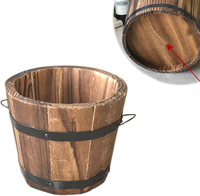 Wooden Round Barrel Flower Pot Planter with Breathable Bottom Hole for Home Office Garden Decor 7.08X5.9 Inches