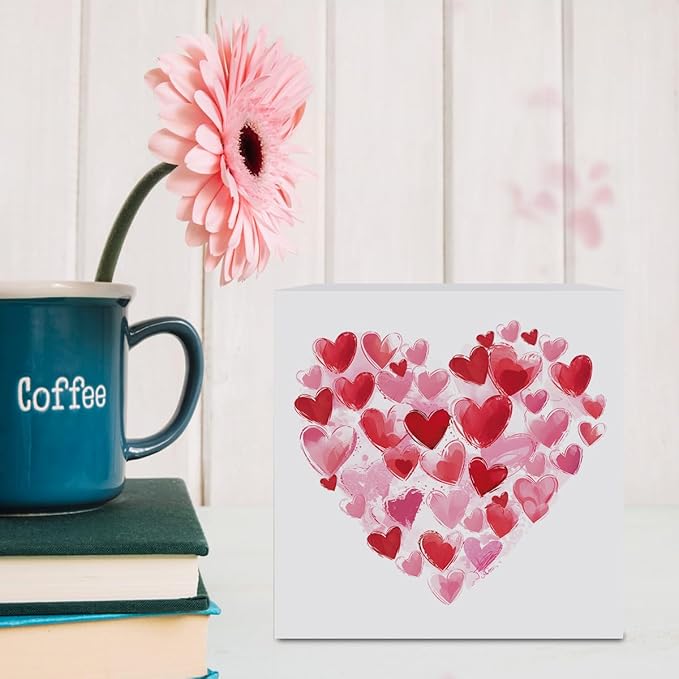 Valentines Day Decorations, Valentines Day Gifts for Her Him, Gift for Boyfriend Girlfriend, Pink Heart Brushstroke Anniversary Wooden Box Sign Husband Wife Home Office Bedroom Desk Decor