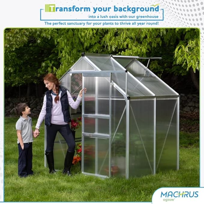 Machrus OGrow Small Greenhouses for Outdoors-Portable Walk in Large Greenhouse Kit for Plants - 4X6 Green Houses for Outside-Polycarbonate Greenhouse Panels with Vent Window, Heavy Duty Aluminum Frame