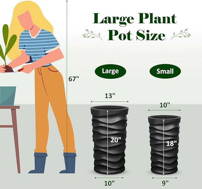 BEYOUDO Tall Planter Outdoor Indoor, 2 Pack Extra Large Plant Pots 20" 18" H Tall Large Tree Planter-Modern Matte Wavy Flower Pot for Indoor Outdoor Proch Decor (Black)