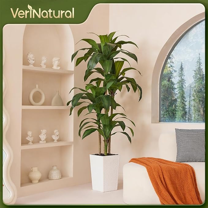 VeriNatural Artificial Dracaena Tree 6FT - Fake Tree with White Taper Planter & Pebbles - UV Resistant Faux Yucca Tropical Plant - Artificial Trees for Home Office Living Room Decor Indoor Outdoor