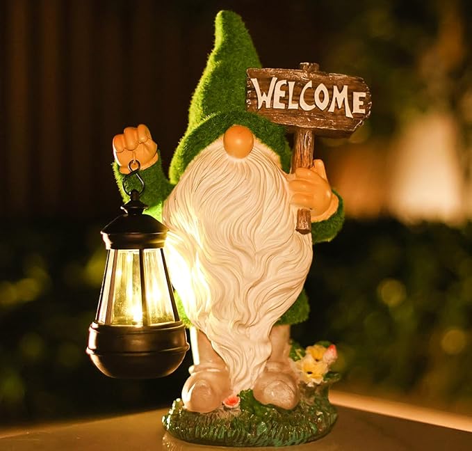 Garden Outdoor Statues, Solar Gnome Statues,Gnome Decorations with Solar Outdoor Lights for Garden Decor, Sculptures & Statues for Front Porch Patio Lawn, Gifts for Mom, 13"