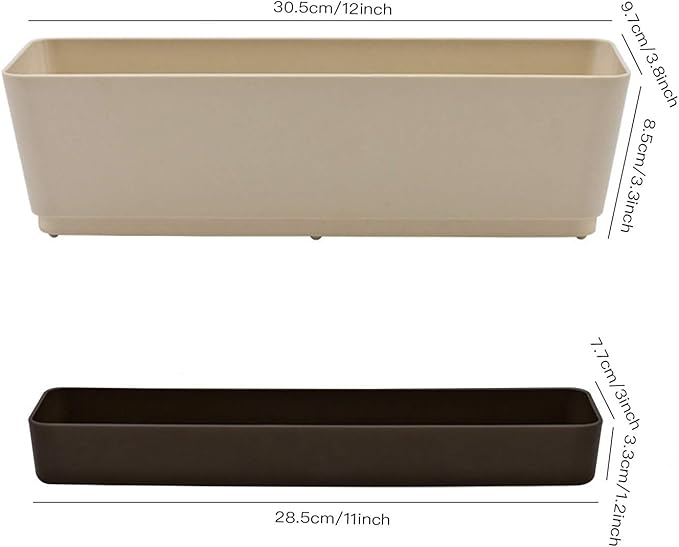 Lainrrew 3 Pack Window Box Planters, 12 Inches Rectangular Planter Plastic Flower Box Plant Pots Plant Containers with Tray for Balcony, Windowsill, Garden, Home Office Outdoor Decoration (Coffee)
