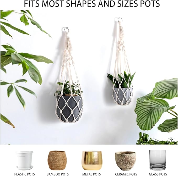 Artilady Macrame Plant Hanger Large Hanging Planter for Indoor Plants Holder White Cotton Rope Hanging Plant Basket Handmade Outdoor Window Boho Plant Wall Decor (White Macrame)