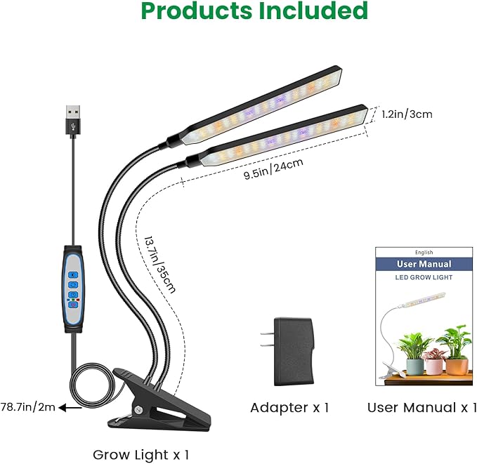 Aumtrly Grow Lights for Indoor Plants, 2 Head 114 LED Full Spectrum Clip on Plant Lights for Indoor Growing with 6/12/16H Timer, 5 Dimming, 3 Light Mode, Black Gooseneck Grow Lamp