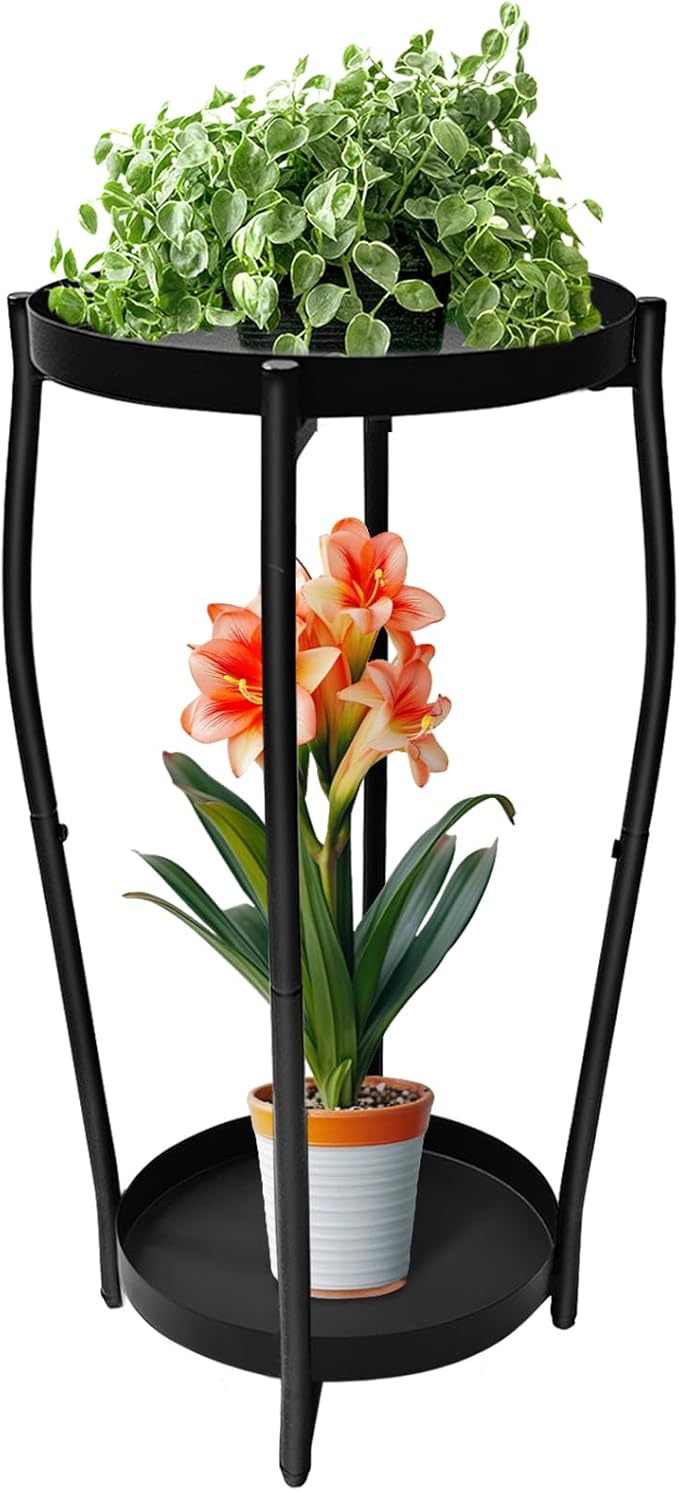 Uniqcovosa Plant Stand Indoor, 2 Tier Tall Plant Stands, 4-Leg Metal Flower Stand, Heavy Duty Plant Shelf Plant Rack Flower Stands for Living Room, Black
