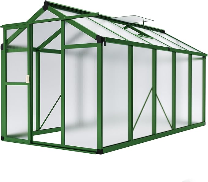 6x10 ft Greenhouse, Aluminum Frame & Polycarbonate Panel Greenhouse for Outdoors, Green House with Adjustable Roof Vent & Lockable Door, Durable Walk-in Green Houses for Backyard, Patio, Lawn