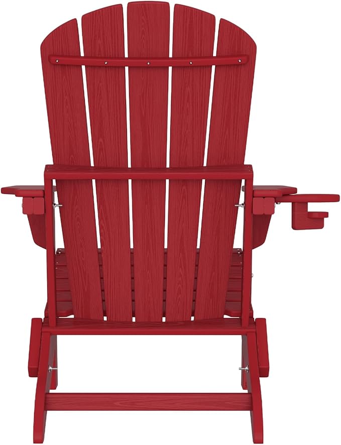 Plawdlik Folding Adirondack Chair Set of 6 with Cup Holder,Wooden Textured ,Heavy All-Weather HDPE Comfortable Set Poolside Backyard Lawn, Red