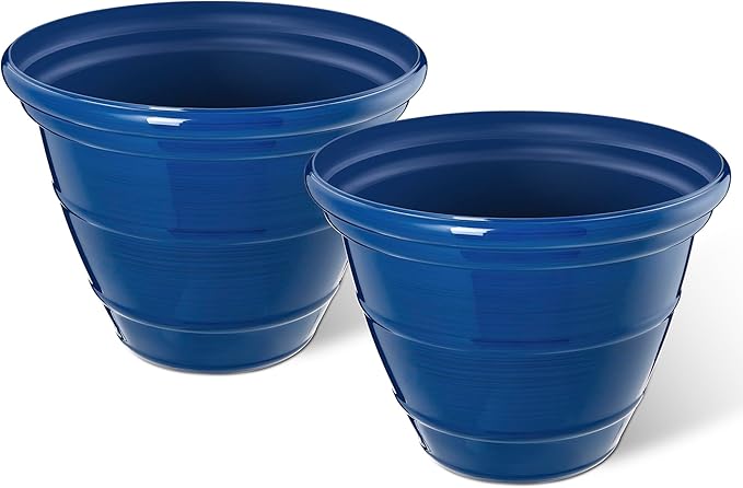 Glitzhome 15.5" D Large Flower Pots, Set of 2 Large Planters for Outdoor Plants with Drainage Holes, Cobalt Blue Faux Ceramic Finish, Plastic Tall Flower Pots for Garden, Patio, Porch or Indoor Use
