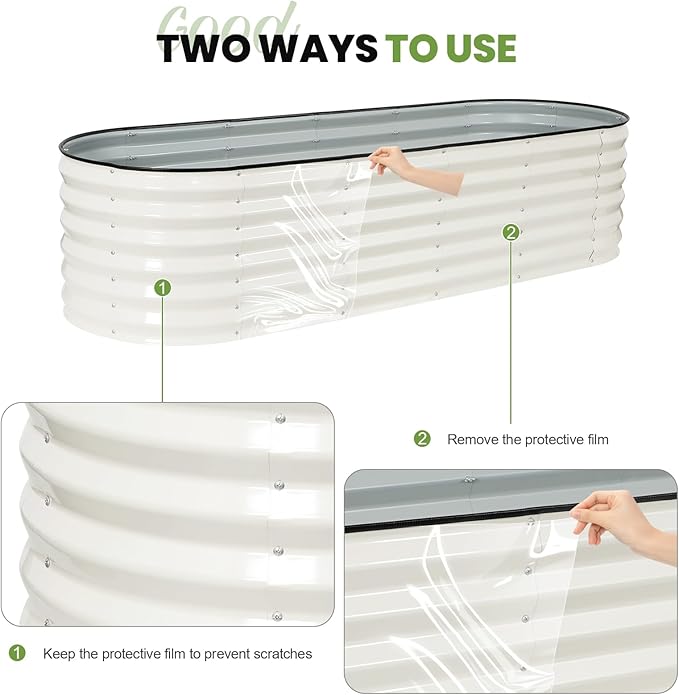 G GOOD GAIN Raised Garden Beds - 6x2x1.4ft Galvanized Planter Boxes Kit with Protective Tape & Gloves & Tools | Oval Metal Outdoor Raised Bed for Gardening Vegetables, Fruits, Flowers, Herbs, White
