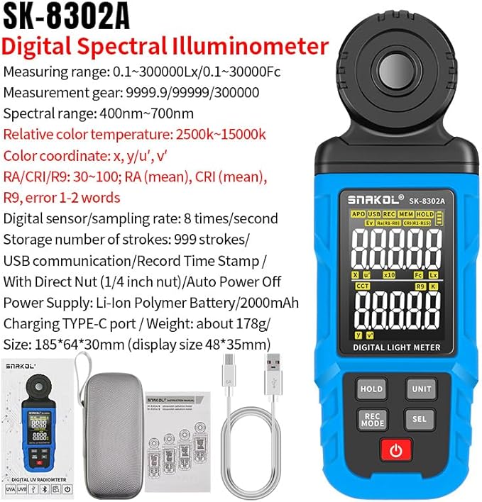 SNAKOL Spectral Illuminance Meter SK-8302A Light Meter, Lux Meter, CCT,RA,CRI,R9,Range up to 200,000 Lux 2500K-15000K, Color Coordinate,Data Storage, USB Charger, PC Software,Lighting Testing Tool