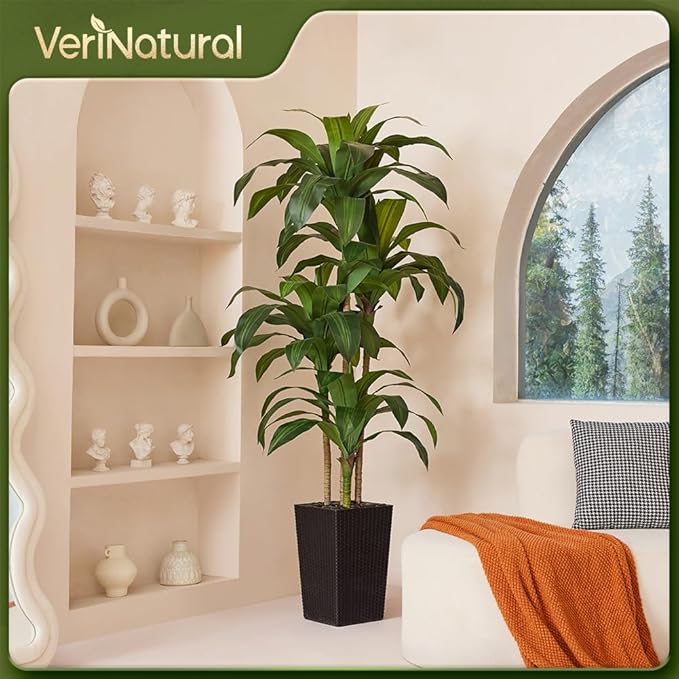 VeriNatural Artificial Dracaena Tree 6FT - Fake Tree with Black Taper Planter & Pebbles - UV Resistant Faux Yucca Tropical Plant - Artificial Trees for Home Office Living Room Decor Indoor Outdoor