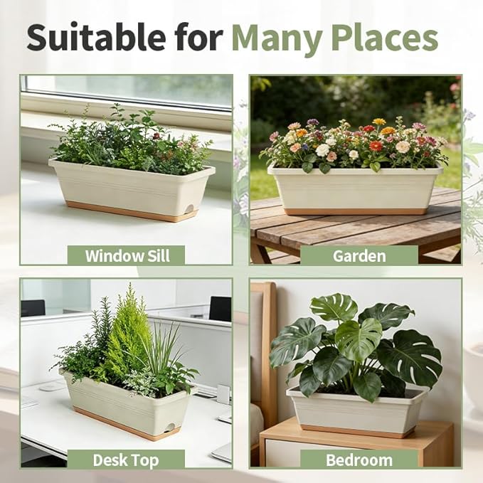 Window Box Planter, 6 Pack Plastic Vegetable Flower Window Planters Boxes 16 Inches Rectangular Flower Pots with Drainage Holes and Saucers (White)