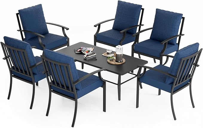 7-Piece Patio Furniture Set, Outdoor Furniture with All-Iron Rectangular Coffee Table and 6 Chairs with Thick Cushions, Metal Patio Table and Chairs Set for lawns, Patios and Backyards,Navy blue