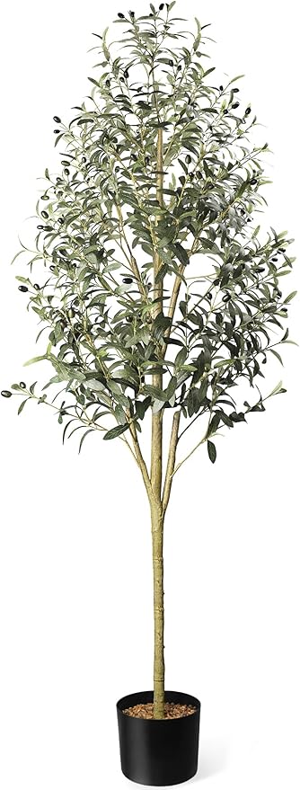 Artificial Olive Tree in Pot, 6 FT Tall Faux Olive Tree for Home Indoor Decor, Large Floor Plant with Textured Leaves Fruits, Realistic Wood-Grain Trunk, Fake Plant for Living Room Bedroom Office