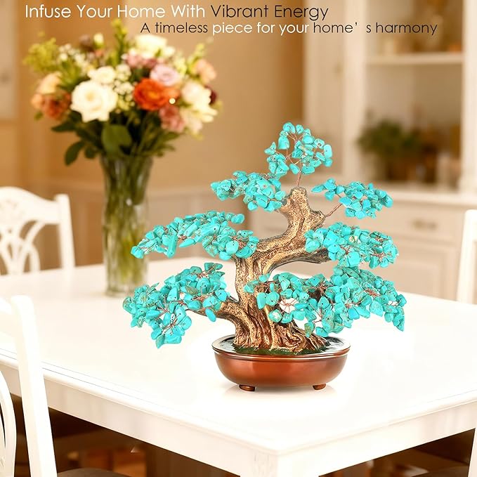 MASGEMES Natural Turquoise (360 Large Beads) Crystal Tree Bonsai – Throat Chakra Healing Tree of Life, Feng Shui Positive Energy Decor for Home Office & Meditation Spaces 8''