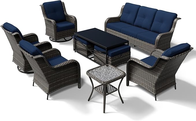 Joyside 9 Piece Wicker Patio Furniture Set, Outdoor Swivel Rocker Patio Chairs with High Back, Deep Seating, Wide Armrest, Thickened Cushions, Outdoor Furniture for Deck, Porch Use