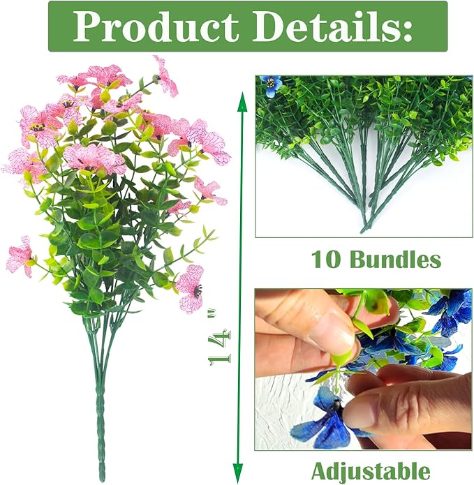 Grunyia 10 Bundles Artificial Flowers Outdoor UV Resistant Fake Flowers No Fade Faux Plants Garden Porch Window Box Decorating (Pink)