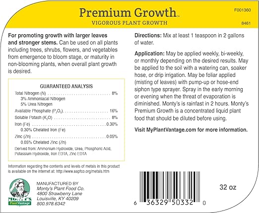 PlantVantage Premium Growth Liquid Plant Food - Liquid Fertilizer for Stronger Stems & Larger Leaves, NPK Fertilizer (8-16-8) with Zinc & Iron, Foliar Spray for Trees, Shrubs & Flower Boost, 32 oz