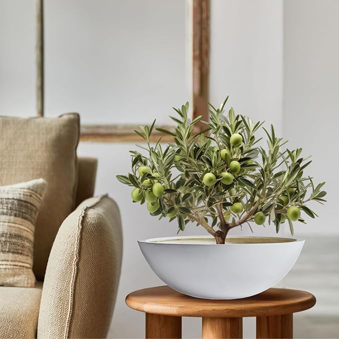 KUTE NEST 7.7" H x 22" D Round Bowl Fiberstone Planter for Succulent and Lotus with Drainage Hole, Smooth Finishes, Weather Resistant, Included 2 Extra Coco Mats (White, 19.9" Pot Opening)